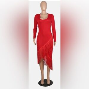 Women’s Red Long-Sleeve Fringe Bodycon Dress